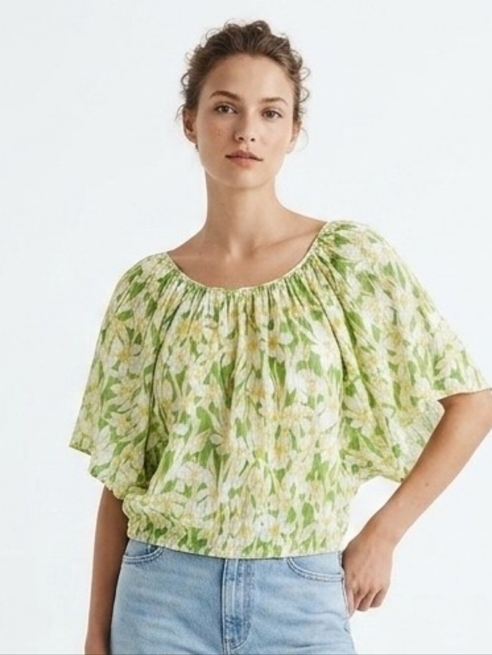 Rafaella Blouse Green Floral Shirt Top Medium BUTTERFLY SLEEVE